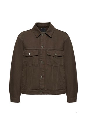 Veste en denim marron foncé avec manches longues, fermeture à boutons à l'avant, deux poches poitrine à rabat avec boutons, et un col pointu.