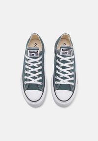 Converse All Star Sneaker aus türkisfarbenem Canvas mit weißer Gummisohle, schwarzen Akzenten und weißen Schnürsenkeln. Klassisches Low-Top-Design.