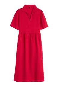 Rotes Leinen-Midi-Kleid mit einem Kragen Ausschnitt, kurzen Puffärmeln, einer taillierten Taille und seitlichen Taschen. Glatte Textur in einheitlicher Farbe.