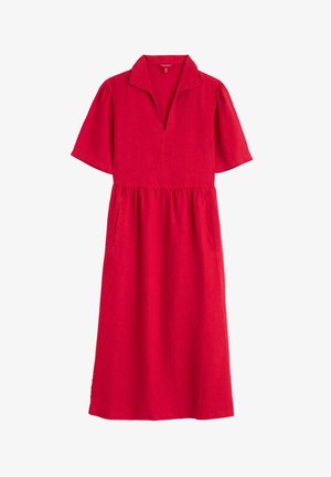 Robe midi en lin rouge avec un col, des manches courtes bouffantes, une taille cintrée et des poches sur les côtés. Texture lisse avec une couleur unie.