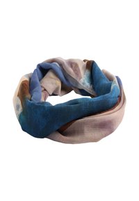 Wielokolorowy szalik w kształcie nieskończoności, wykonany z lekkiego materiału, w odcieniach niebieskiego, brązowego i beżowego, o miękkiej teksturze i swobodnym fasonie.