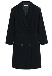 Schwarzer maßgeschneiderter Mantel, doppelt geknöpftes Design, Ärmel in mittlerer Länge, Gürtel in der Taille, aus glattem Stoff, mit zwei frontalen Taschen.