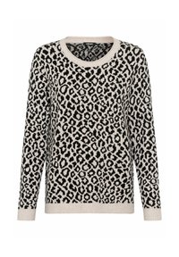 Leopardenmuster-Pullover mit Rundhalsausschnitt, schwarz-weißer Farbgebung, langen Ärmeln sowie gerippten Bündchen und Saum. Weicher Stoff, lässige Passform.