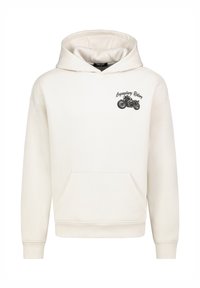 Beige hoodie featuring a front kangaroo pocket, ribbed cuffs, and a black motorcycle graphic with the text "Legendary Riders" above it.