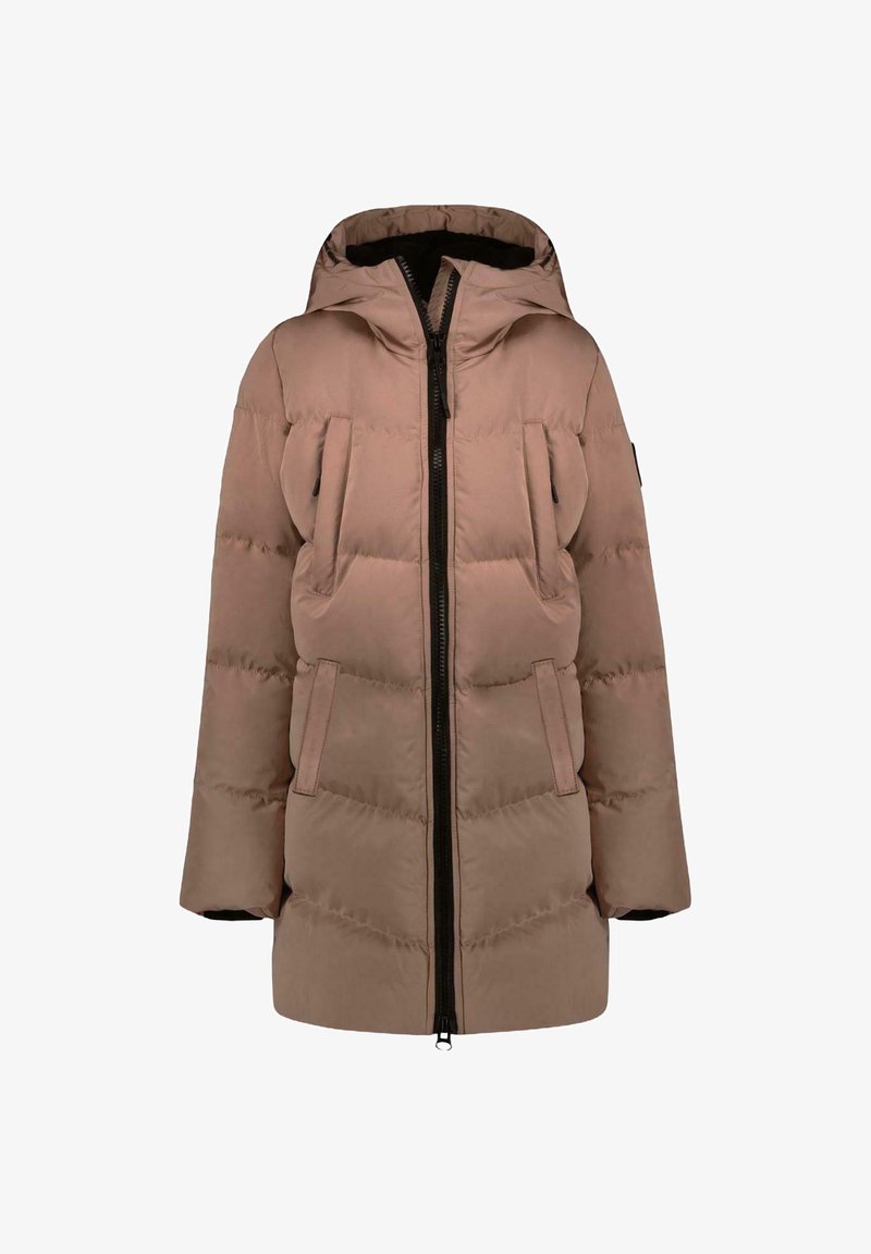 Bruine pufferjack met een capuchon, ritsluiting en twee voorkruiden. Heeft een geweven ontwerp met een gladde textuur. Geaccentueerd met zwarte ritsen.