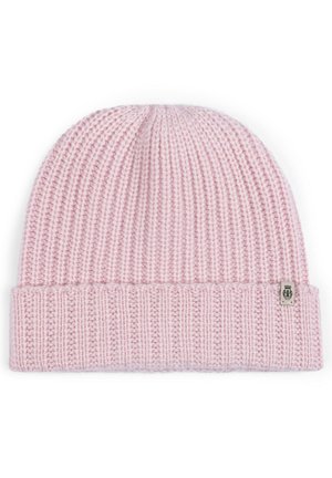 Pink knitted beanie with ribbed texture and rolled cuff, featuring a small logo tag. Soft material, medium thickness, and rounded top design.