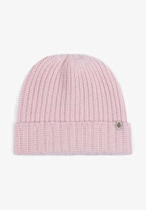 Pink knitted beanie with ribbed texture and rolled cuff, featuring a small logo tag. Soft material, medium thickness, and rounded top design.