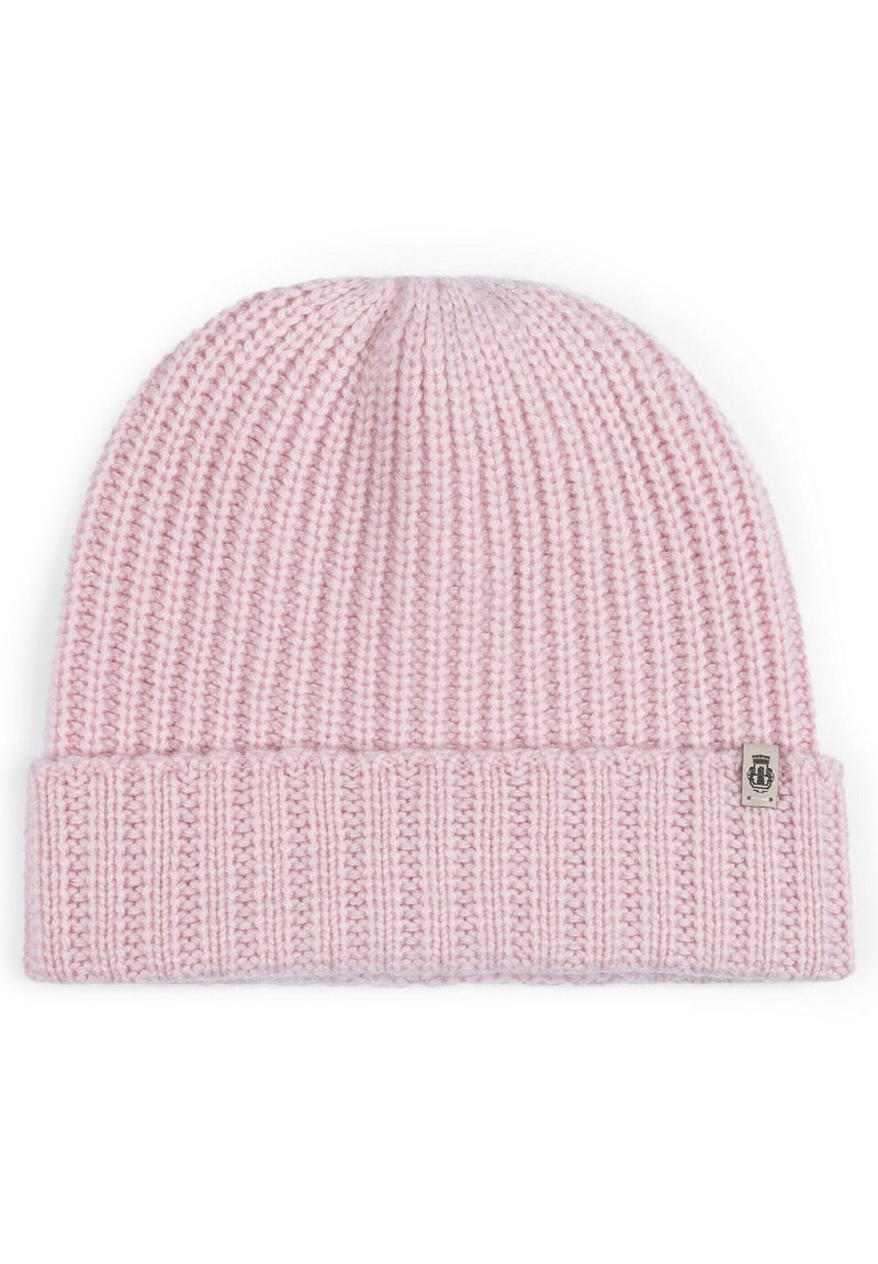Pink knitted beanie with ribbed texture and rolled cuff, featuring a small logo tag. Soft material, medium thickness, and rounded top design.