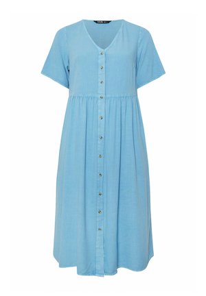 Hellblaues Midikleid mit kurzen Ärmeln, V-Ausschnitt, geraffter Taille und durchgehender Knopfleiste vorne.