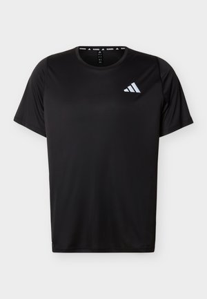 T-shirt de sport noir à manches courtes avec col rond, logo Adidas blanc sur la poitrine gauche et texte "RUNNING" à l'intérieur du col.