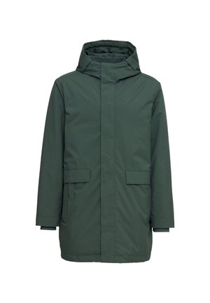 Grüne Kapuzenjacke aus wasserabweisendem Material. Verfügt über zwei Fronttaschen, einen geraden Schnitt und eine glatte Textur. Einfaches Design ohne Verzierungen.