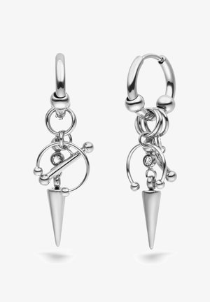 Silver hoop earrings featuring dangling geometric shapes, including a cone and circular accents, with a clear gemstone detail.