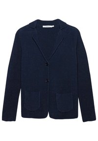 Blazer lavorato a maglia blu navy con risvolto, due tasche frontali e chiusura con un bottone. Tessuto texture con leggeri puntini.