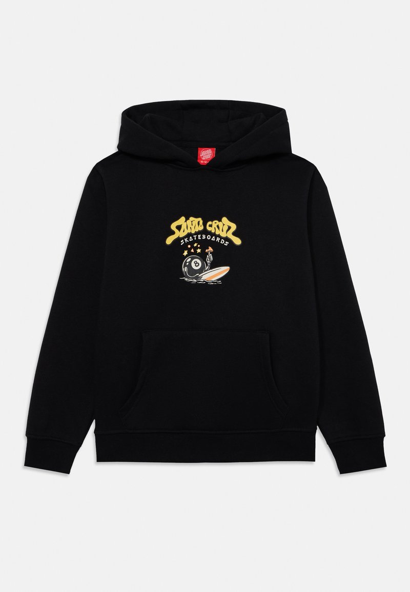Čierna mikina s kapucňou vyrobená z bavlny, s predným vreckom. Obsahuje farebný grafický dizajn s textom "Santa Cruz Skateboards" a kreslený obrázok.