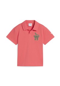 Korálová polo košeľa vyrobená z bavlny, s dizajnom zeleného a čierneho slona na hrudi. Klasický golier a krátke rukávy.