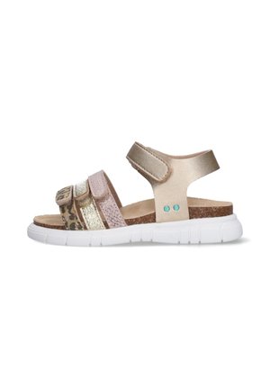 Lichtbeige sandaal met drie verstelbare bandjes aan de voorkant in luipaard-, goud- en roze texturen, gevoerd met een kussen van kurk en een witte flexibele zool.