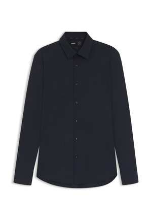 Navy long-sleeve button-up shirt made from smooth fabric with a structured collar, featuring dark buttons and a curved hem.