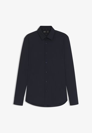 Marineblaues Langarm-Hemd mit Knöpfen aus glattem Stoff und strukturiertem Kragen, ausgestattet mit dunklen Knöpfen und einem abgerundeten Saum.
