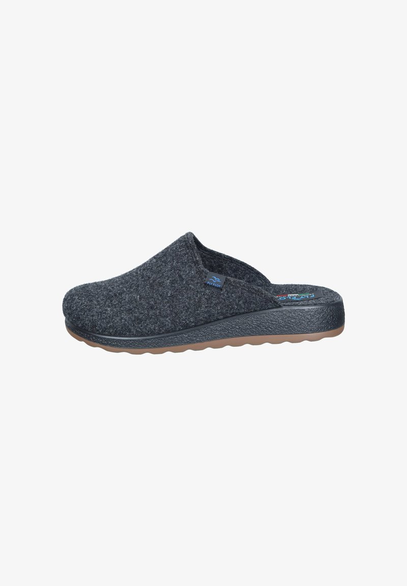 Dark gray wool slip-on clog with textured sole and small blue Fly Flot logo on the side, viewed from the outer side.