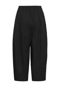 Pantalon noir large et court avec taille élastique et détails plissés à l'avant.
