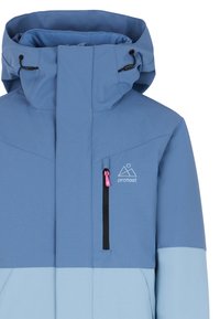 Giacca da sci blu con colletto alto, tasca con zip e cappuccio regolabile. Presenta un design a blocchi di colore con sezioni blu scuro e chiaro.