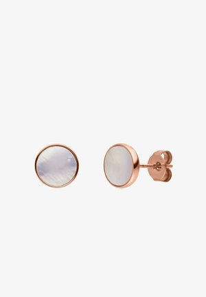 Round stud earrings featuring a mother-of-pearl inlay with a rose gold metal frame and post fastening. Smooth surface with a shiny finish.