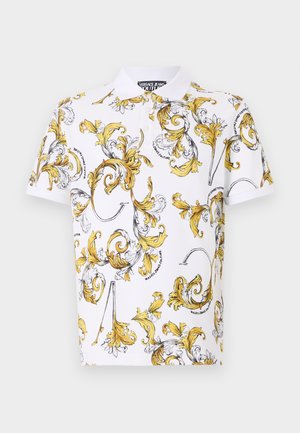 White polo shirt featuring an intricate yellow and black swirl pattern. Fabric appears smooth with a classic collar and short sleeves.