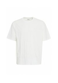 White cotton t-shirt with a crew neck, short sleeves, and a subtle embossed logo detail on the chest. Regular fit and smooth texture.