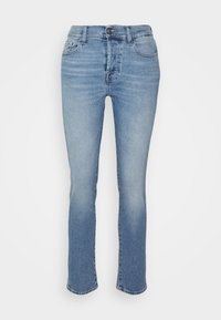 Světlé modré džíny s slim fit, klasickým designem pěti kapes a mírným vybledlým efektem na nohavicích. Uzávěr na kovový knoflík a zip.