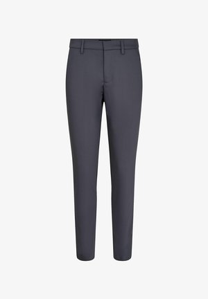 Grå skræddersyede bukser lavet af glat stof, med en glat front, bæltestropper og et slankt design uden synlige lommer.
