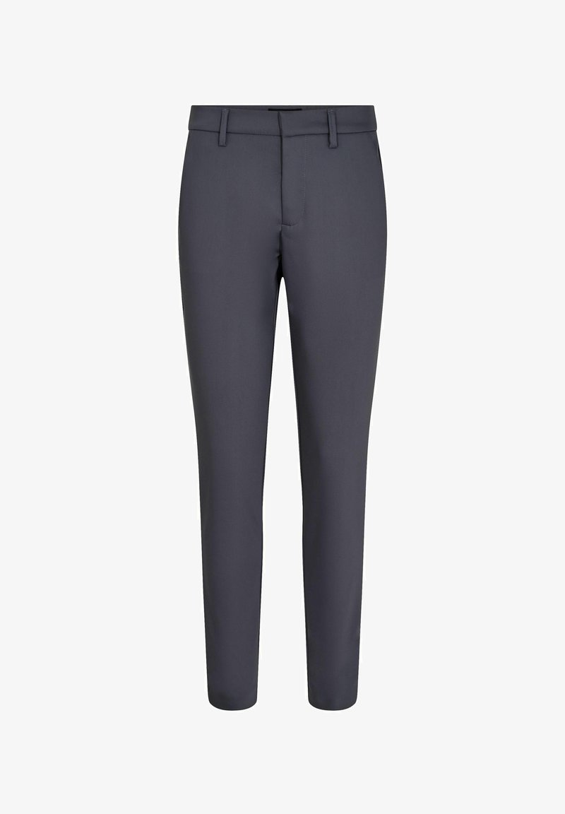 Grijze op maat gemaakte broek van gladde stof, met een platte voorkant, riemlussen en een slank ontwerp zonder zichtbare zakken.