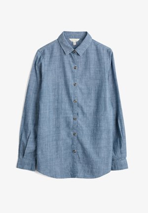 Long-sleeve light blue chambray shirt with collar and seven brown buttons down the front, displayed flat on a white background.