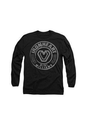 Schwarzfarbiges Langarm-T-Shirt mit einem großen grauen kreisförmigen Grafikelement, das die Texte "IRONHEART" und "RIRI WILLIAMS" sowie ein zentrales geometrisches Design zeigt.