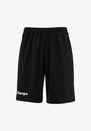 Black athletic shorts featuring a breathable, lightweight fabric, an elastic waistband, and "Kempa" logo in white on the left leg.