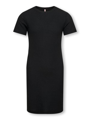 Sort ribstrikket kortærmet kjole med knælang længde og rund halsudskæring, vist på en hvid baggrund.