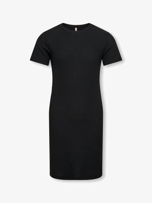 Sort ribstrikket kortærmet kjole med knælang længde og rund halsudskæring, vist på en hvid baggrund.