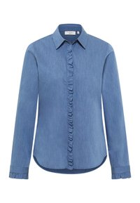 Camicia a maniche lunghe di colore azzurro chiaro, con patta frontale e polsini arricciati, realizzata in un tessuto testurizzato, caratterizzata da un colletto classico e orlo curvo.