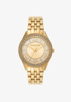 Goldfarbene Uhr mit einem strukturierten runden Zifferblatt, einer mit Kristallen besetzten Lünette, römischen Ziffern und einem Gliederarmband.