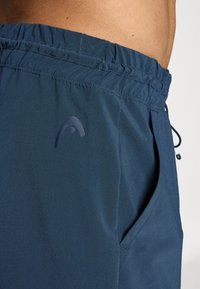 Pantalones cortos deportivos en azul marino que presentan una cinturilla elástica, cordón de ajuste, bolsillo lateral y un logotipo en la parte superior del muslo. Textura suave.