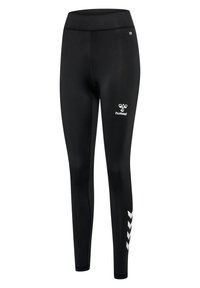Sorte sportsleggings i fuld længde med hvidt hummel-logo på låret og hvide chevron-mønstre på underbenet.
