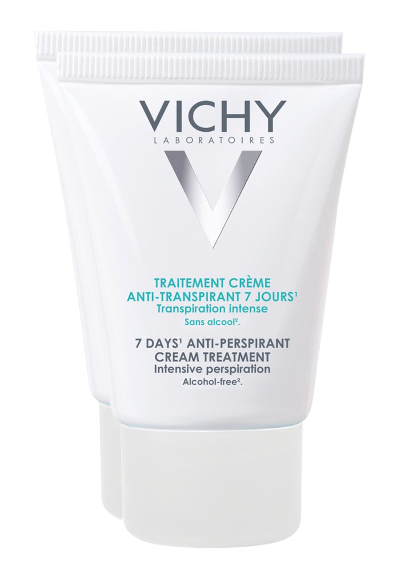 Vichy Antitranspirant-Creme in einer weißen Kunststofftube. Besitzt ein silbernes Logo, blaue Schrift und ist als alkoholfrei sowie für intensive Schweißproduktion gekennzeichnet.
