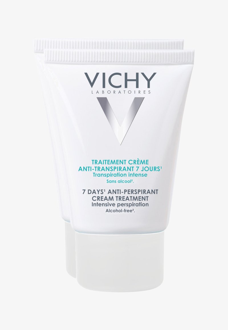 Vichy Antitranspirant-Creme in einer weißen Kunststofftube. Besitzt ein silbernes Logo, blaue Schrift und ist als alkoholfrei sowie für intensive Schweißproduktion gekennzeichnet.