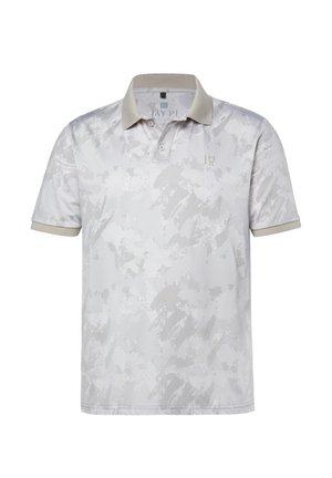 Polo bianca e grigio chiaro con motivo mimetico, colletto e bordi delle maniche beige, abbottonatura a due bottoni e piccolo logo sul petto sinistro.