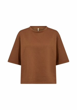 Bruin cropped T-shirt met korte mouwen en een ronde hals, een losse pasvorm en zichtbare stiksels bij de zoom en mouwen.