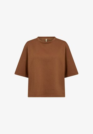 Camiseta corta de manga corta color marrón con cuello redondo, ajuste relajado y costuras visibles en el dobladillo y las mangas.