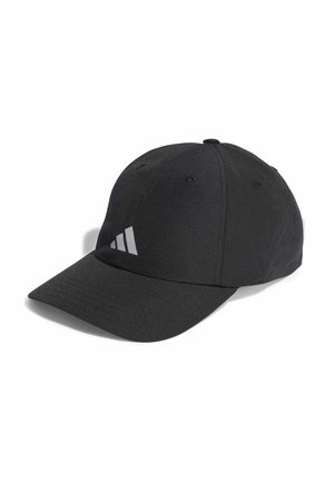 Gorra de béisbol negra con visera curva y un pequeño logo blanco de adidas en el panel delantero izquierdo, mostrada sobre fondo blanco.