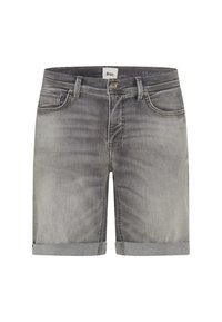 Shorts en denim gris avec un léger délavé, ourlet roulé et conception à cinq poches. Présente une fermeture par bouton et une étiquette en tissu à l'intérieur de la taille.
