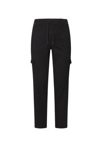 Schwarze Cargo-Hosen mit lockerer Passform, Kordelzugbund, zwei Seitentaschen und einem glatten, strukturierten Stoff.