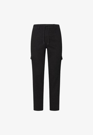 Zwarte cargobroek met een relaxte pasvorm, een trekkoord in de taille, twee zijzakken en een gladde, gestructureerde stof.