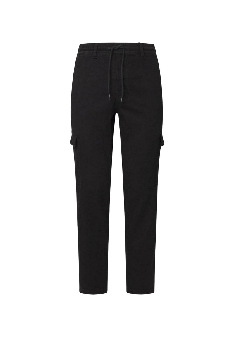 Schwarze Cargo-Hosen mit lockerer Passform, Kordelzugbund, zwei Seitentaschen und einem glatten, strukturierten Stoff.